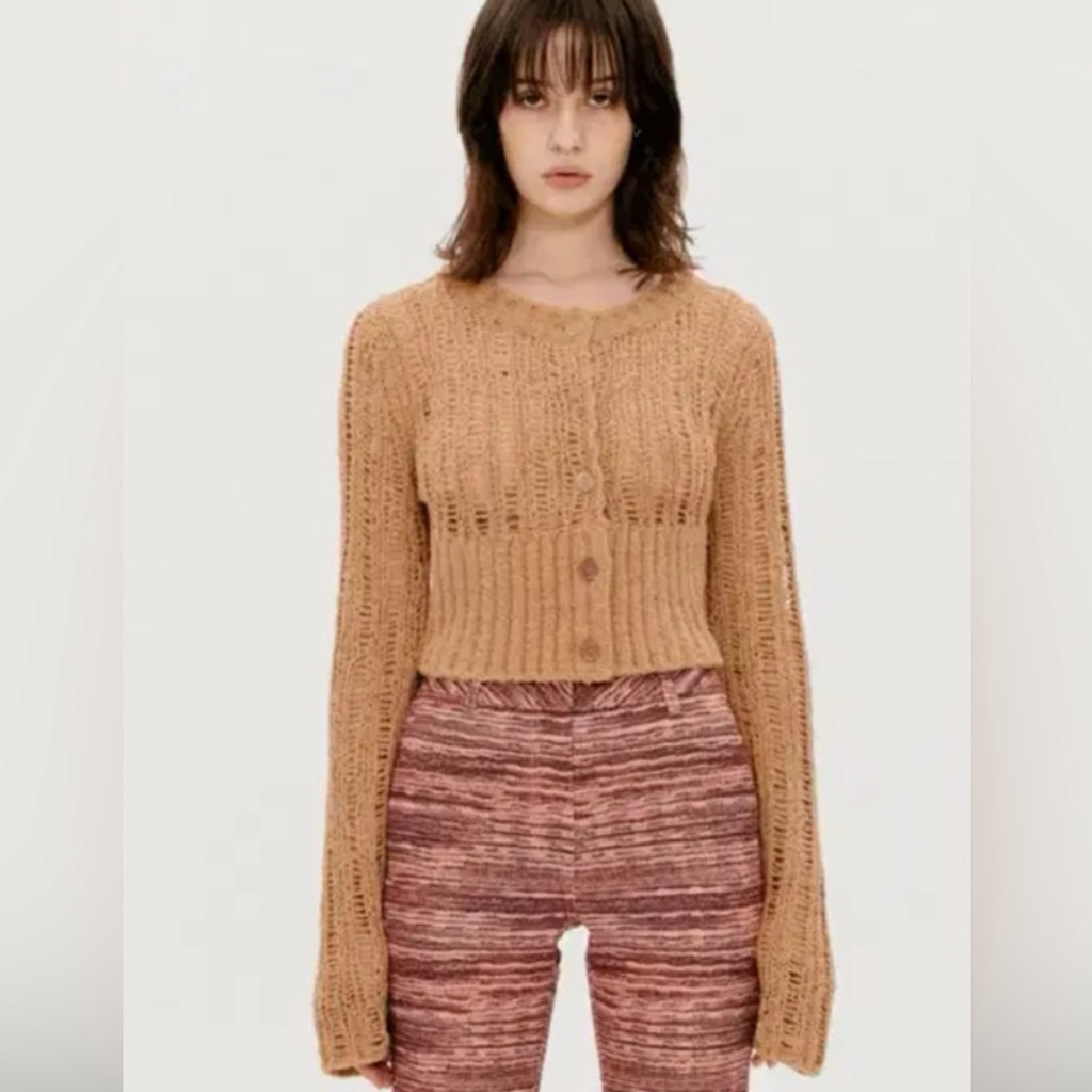The Open Product Knit Sweater Tan Rust Cardigan